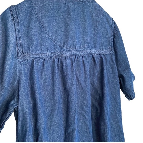 Vintage 90s Denim Embroidered  Snap Front Midi Dress L Loose Fit Short Sleeve - Picture 7 of 8